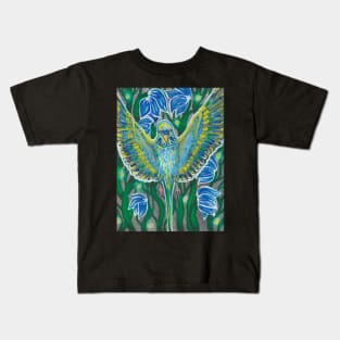 Blue budgie in flowers Kids T-Shirt